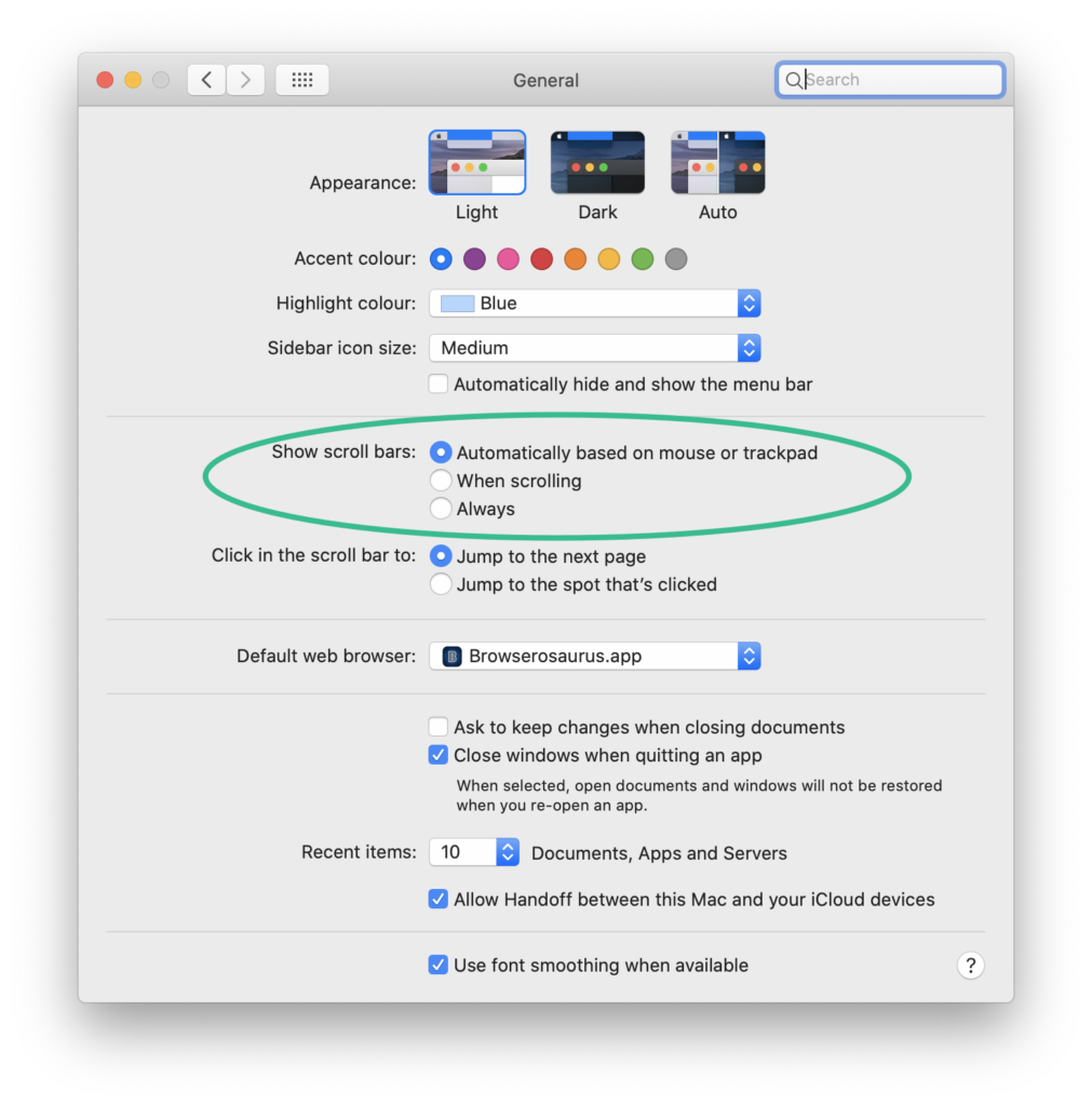 Apple MacOS settings showing the option to toggle Scroll Bar visibility